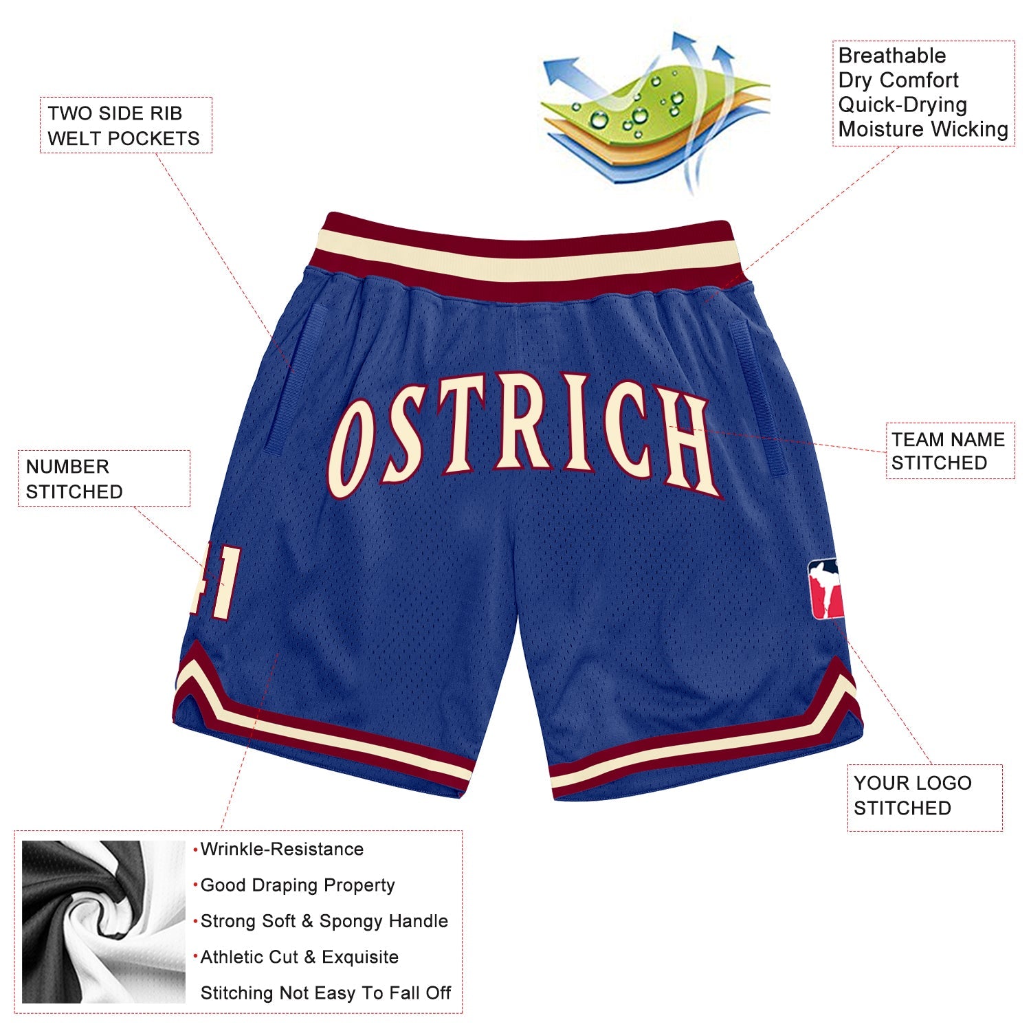 Custom Royal Cream-Maroon Authentic Throwback Basketball Shorts view 2