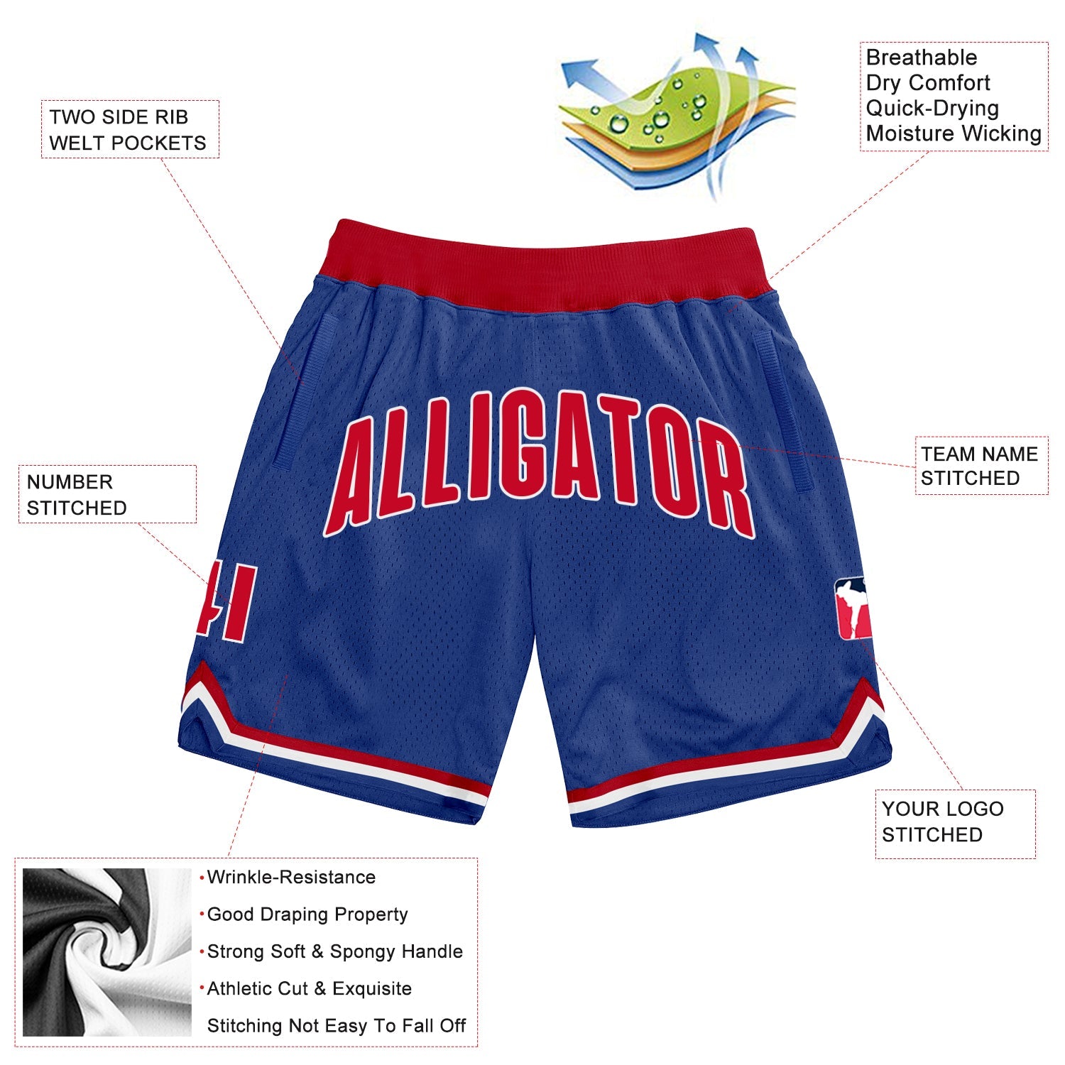 Custom Royal Red-White Authentic Throwback Basketball Shorts view 2