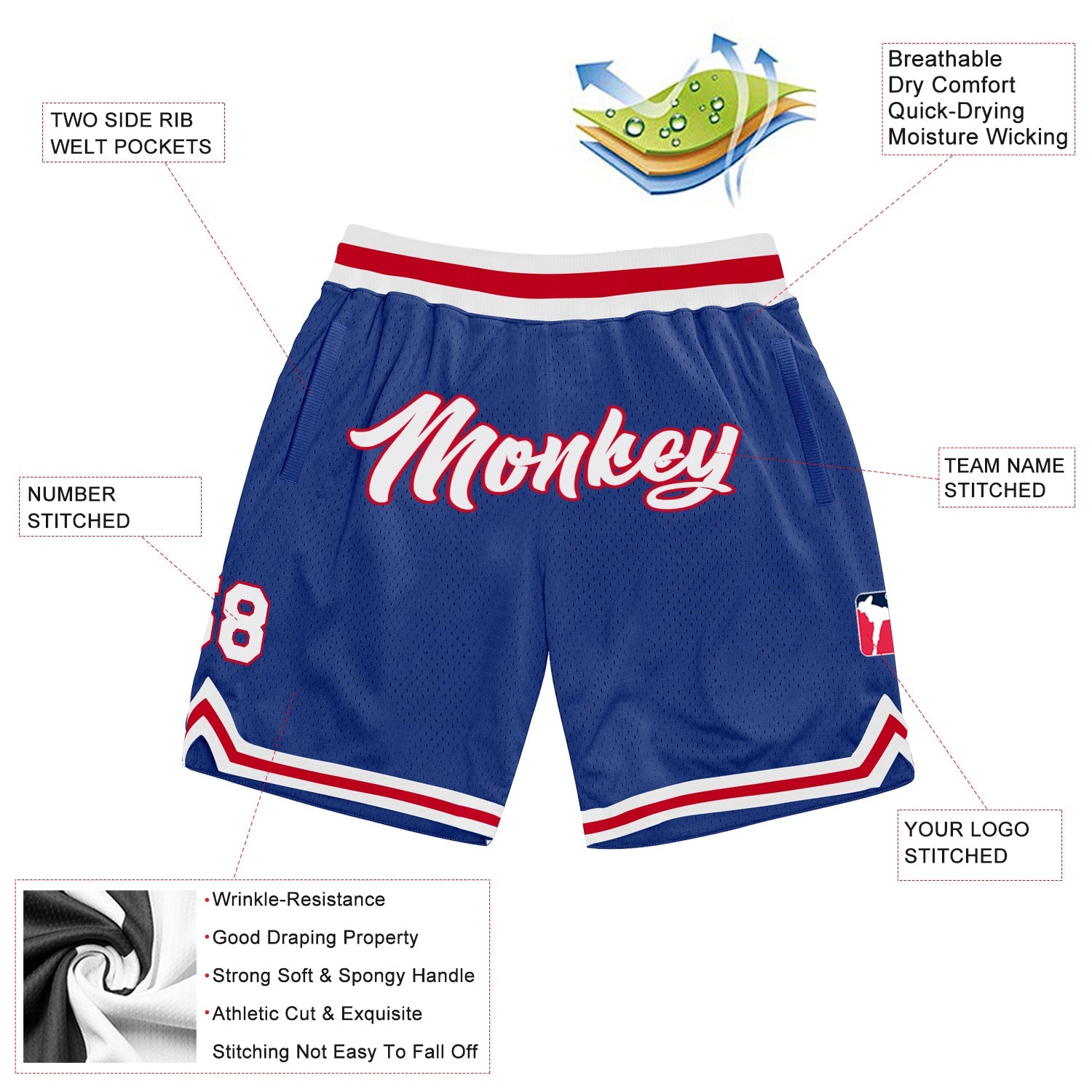 Custom Royal White-Red Authentic Throwback Basketball Shorts view 2