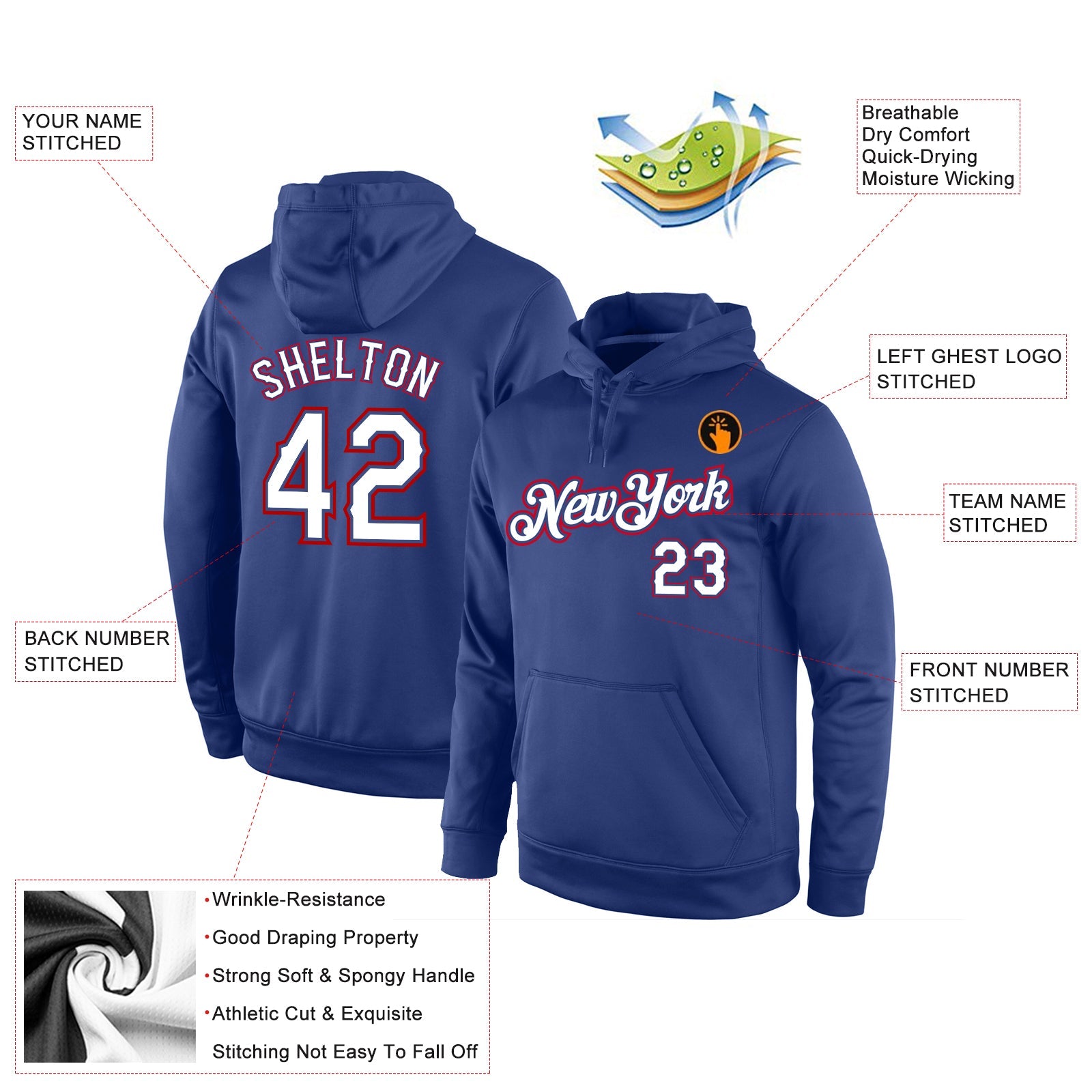 Custom Stitched Royal White-Red Sports Pullover Sweatshirt Hoodie view 2