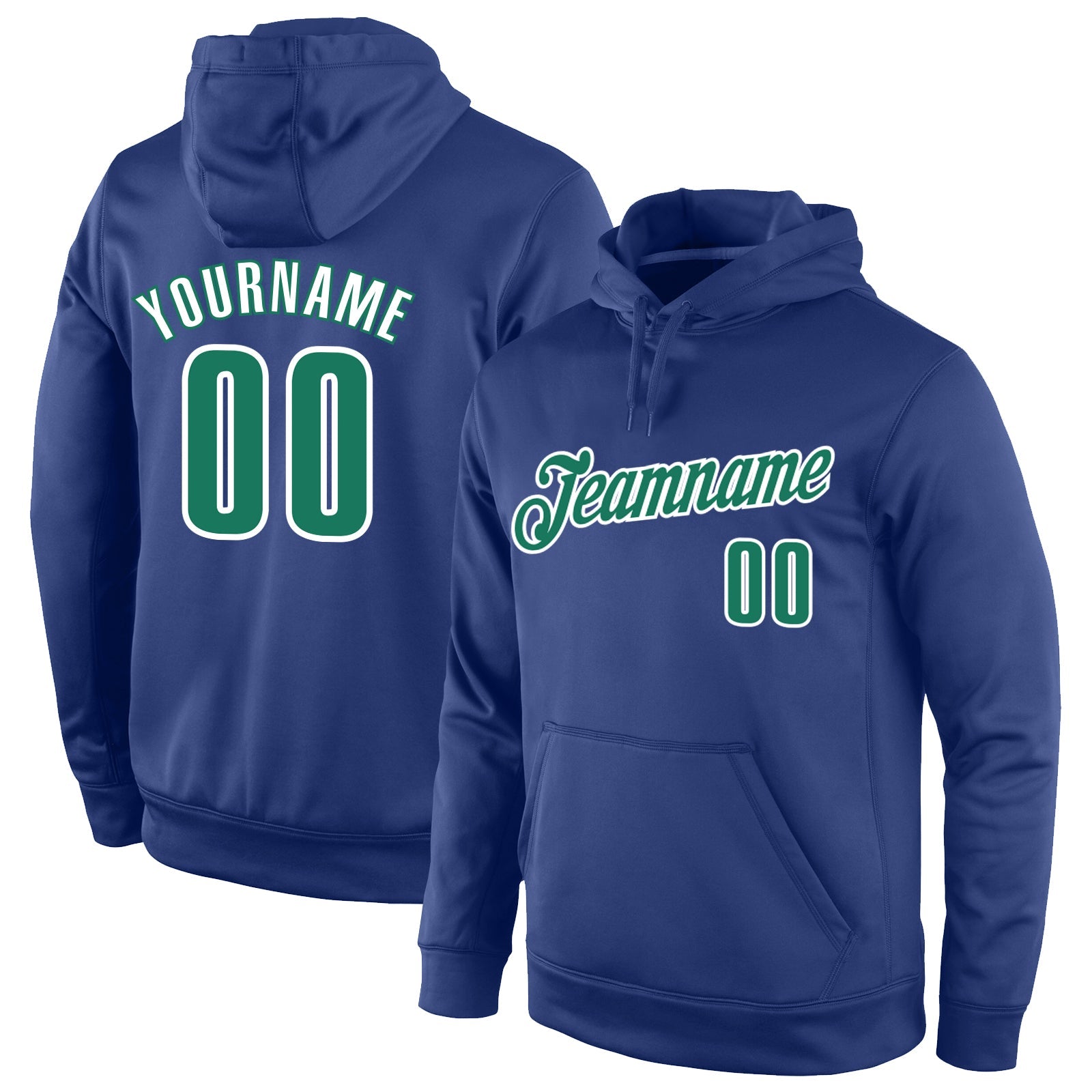 Custom Stitched Royal Kelly Green-White Sports Pullover Sweatshirt Hoodie - Main View