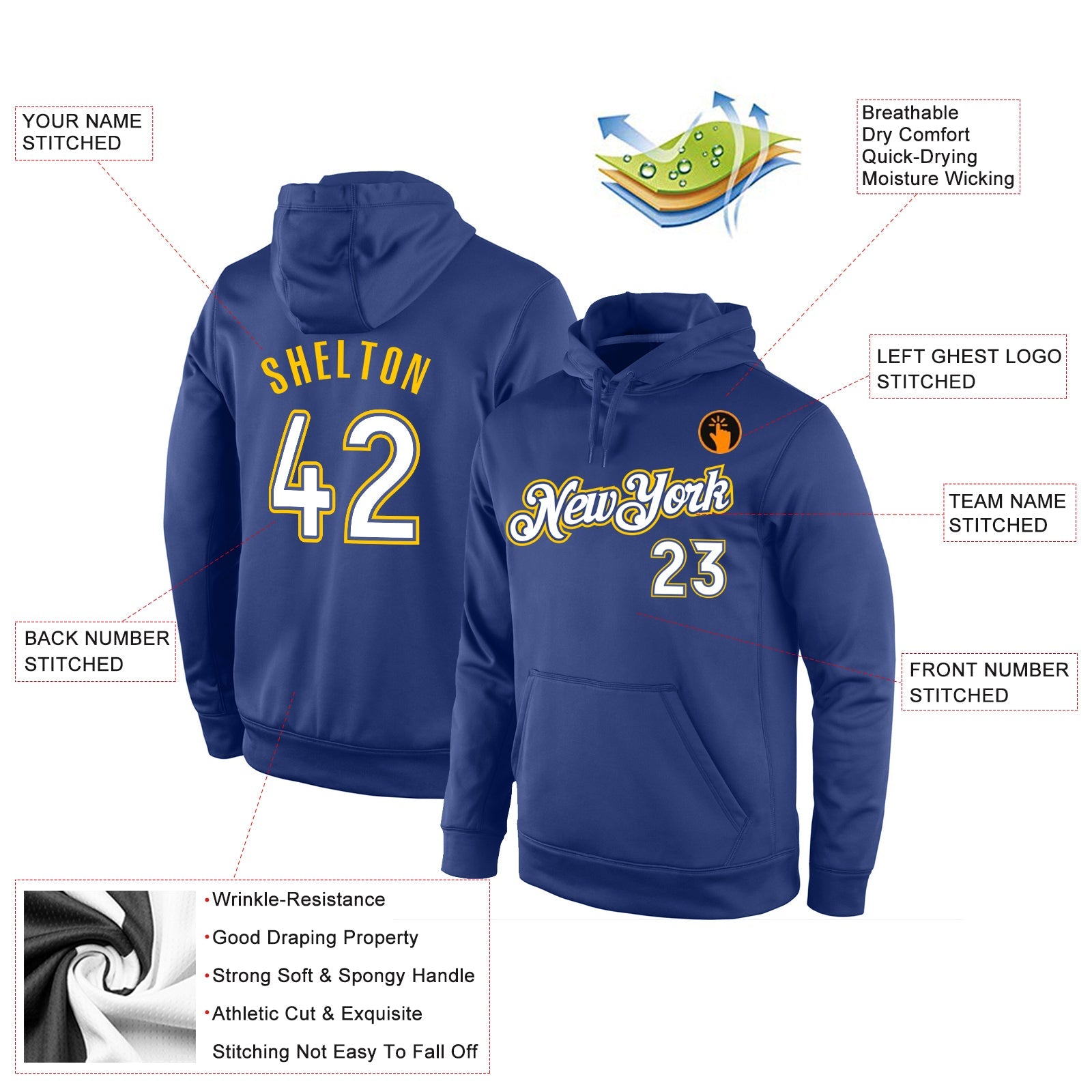 Custom Stitched Royal White-Gold Sports Pullover Sweatshirt Hoodie view 2