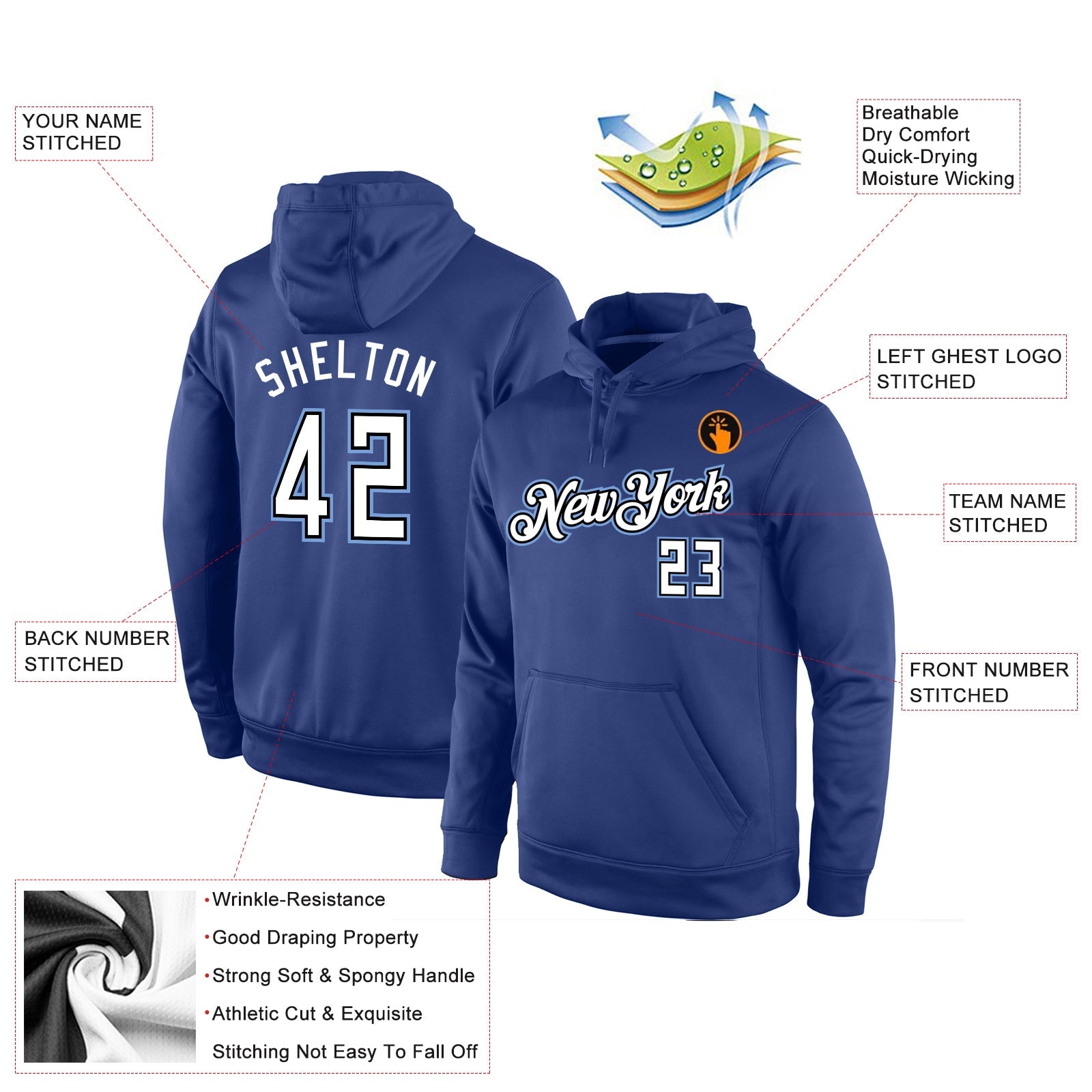 Custom Stitched Royal White-Light Blue Sports Pullover Sweatshirt Hoodie view 2