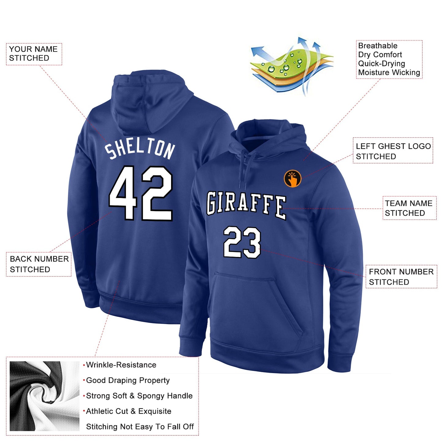 Custom Stitched Royal White-Black Sports Pullover Sweatshirt Hoodie view 2