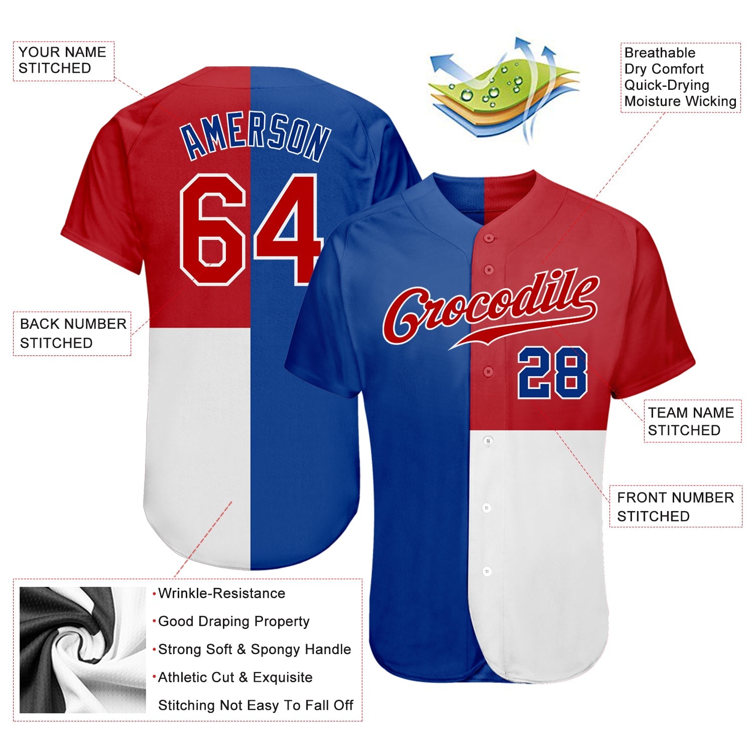 Custom Royal Red-White 3D Pattern Design Multicolor Authentic Baseball Jersey view 3