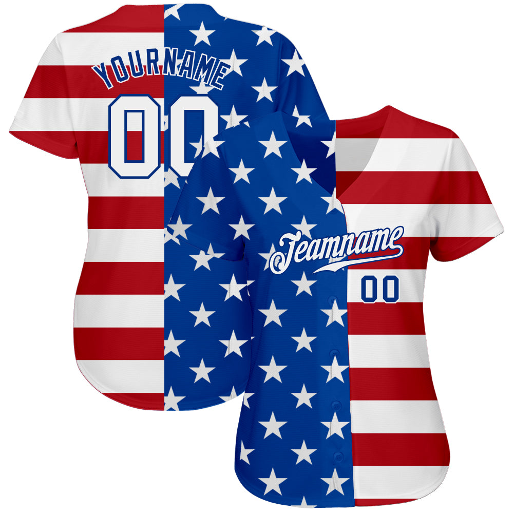 Custom Royal White-Red American Flag Fashion Authentic Baseball Jersey view 3