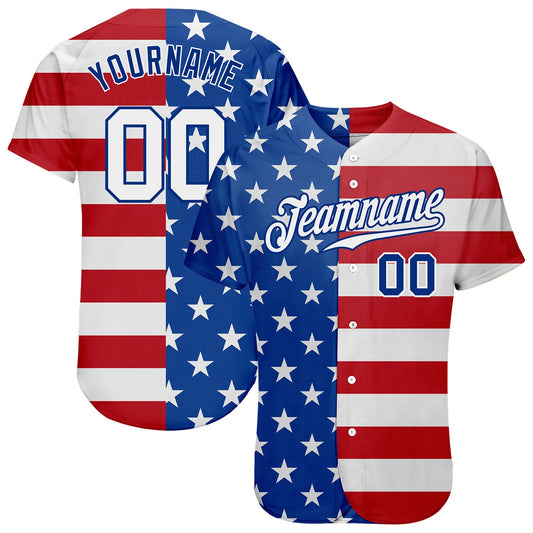 Custom Royal White-Red American Flag Fashion Authentic Baseball Jersey - Main View