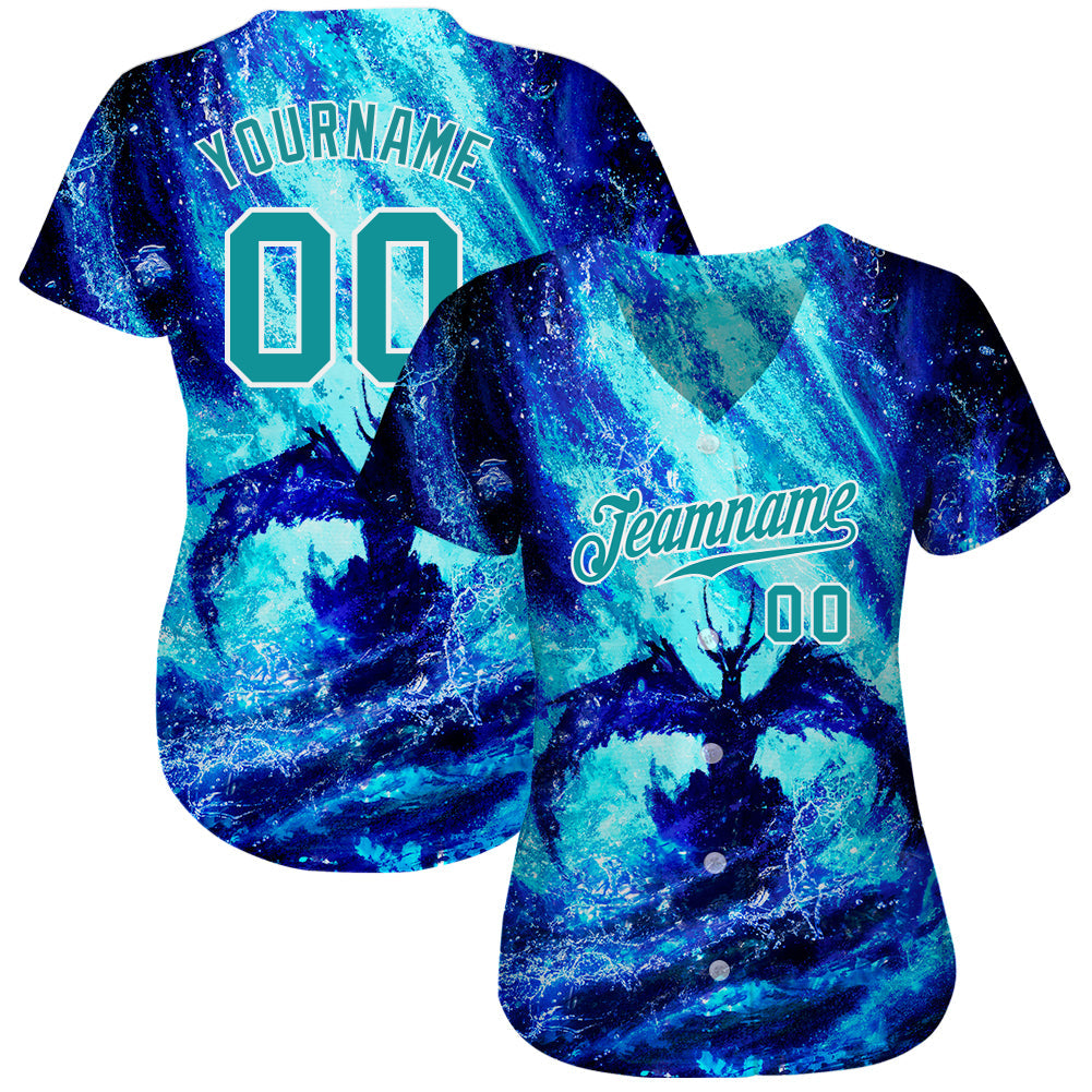 Custom Royal Teal-White 3D Pattern Design Water Dragon Authentic Baseball Jersey view 3