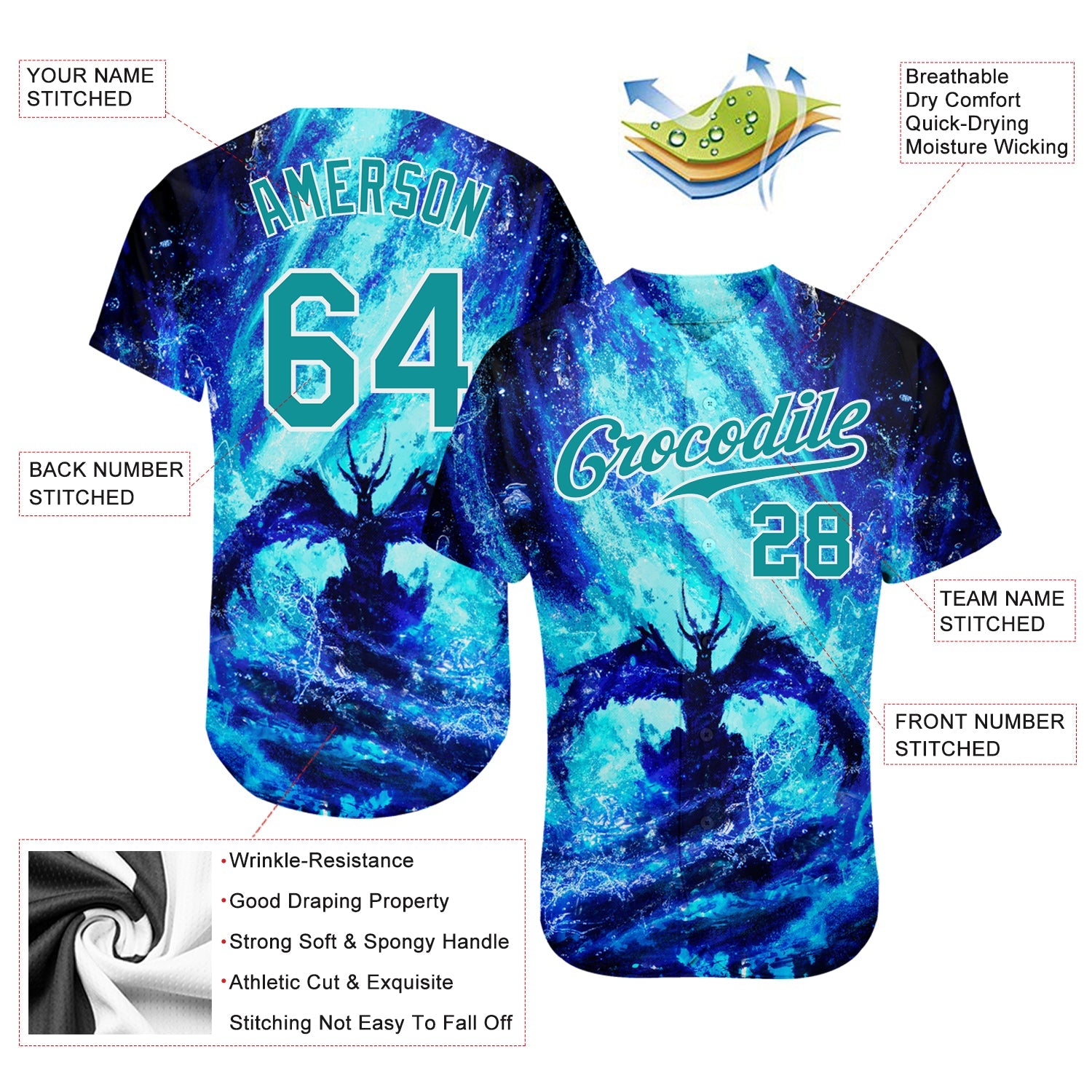 Custom Royal Teal-White 3D Pattern Design Water Dragon Authentic Baseball Jersey view 4
