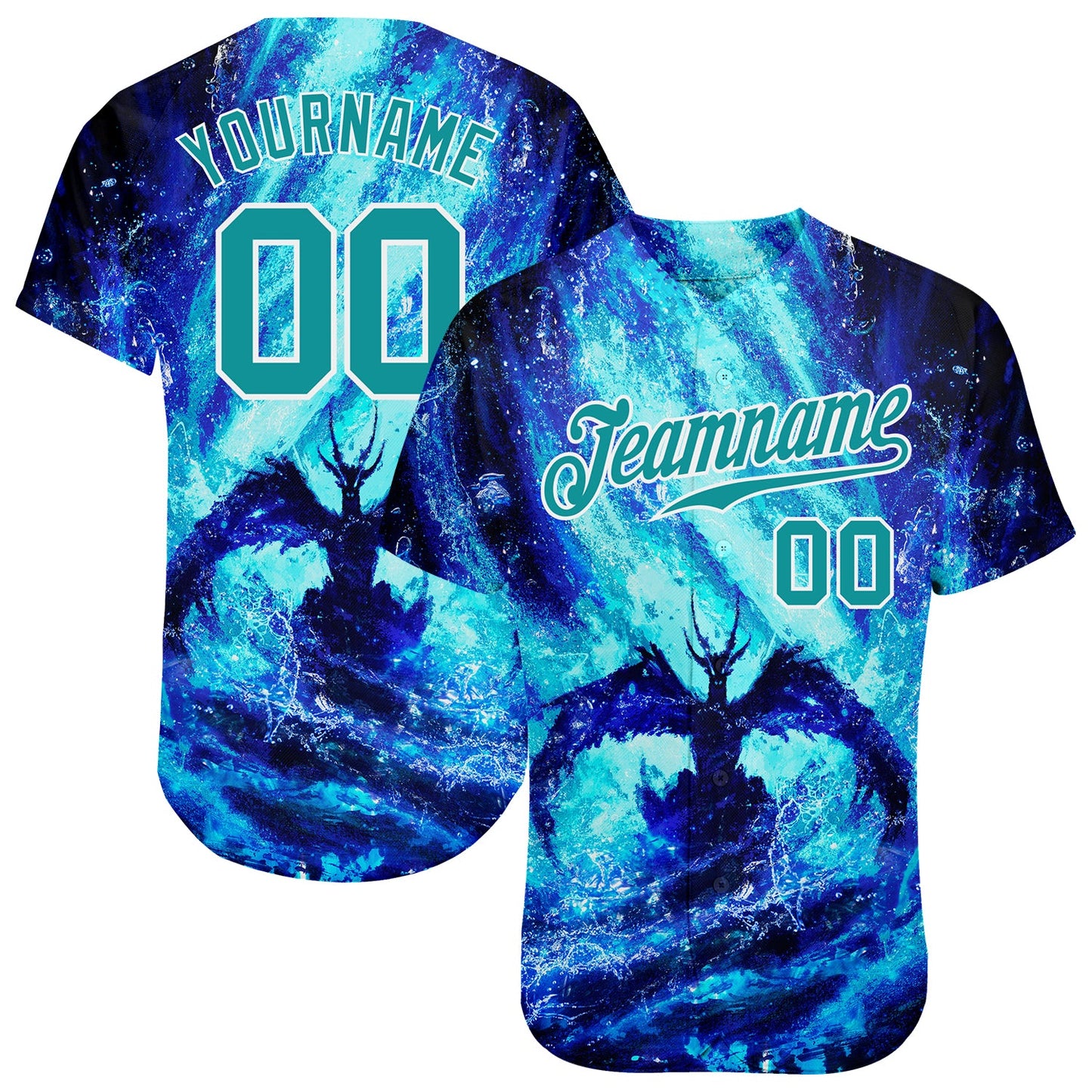 Custom Royal Teal-White 3D Pattern Design Water Dragon Authentic Baseball Jersey - Main View