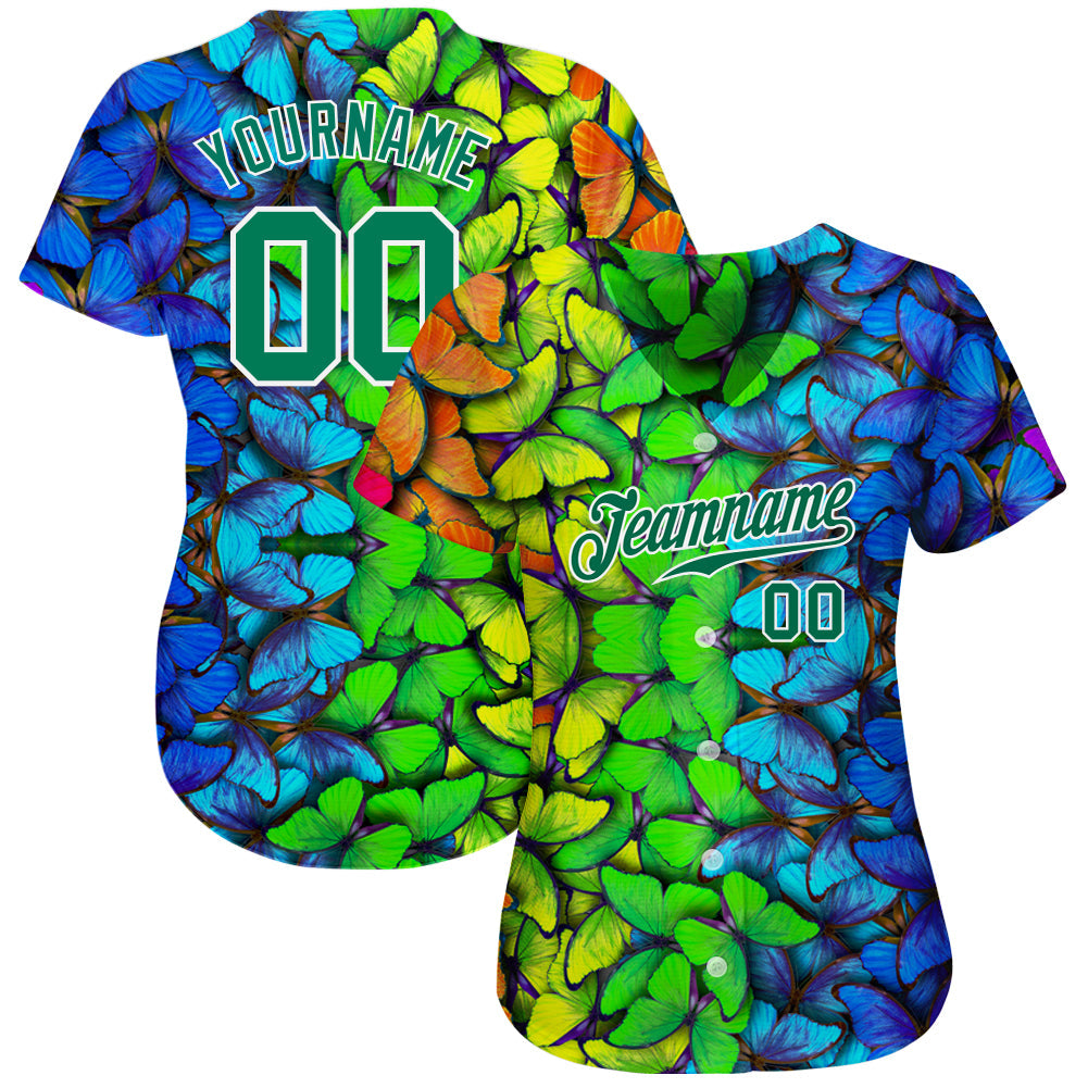 Custom Royal Kelly Green-White 3D Pattern Design Multicolored Butterflies Authentic Baseball Jersey view 2