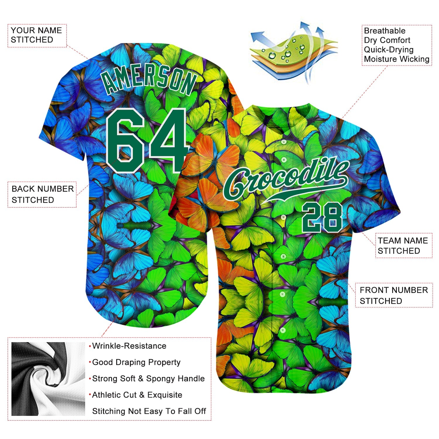 Custom Royal Kelly Green-White 3D Pattern Design Multicolored Butterflies Authentic Baseball Jersey view 3