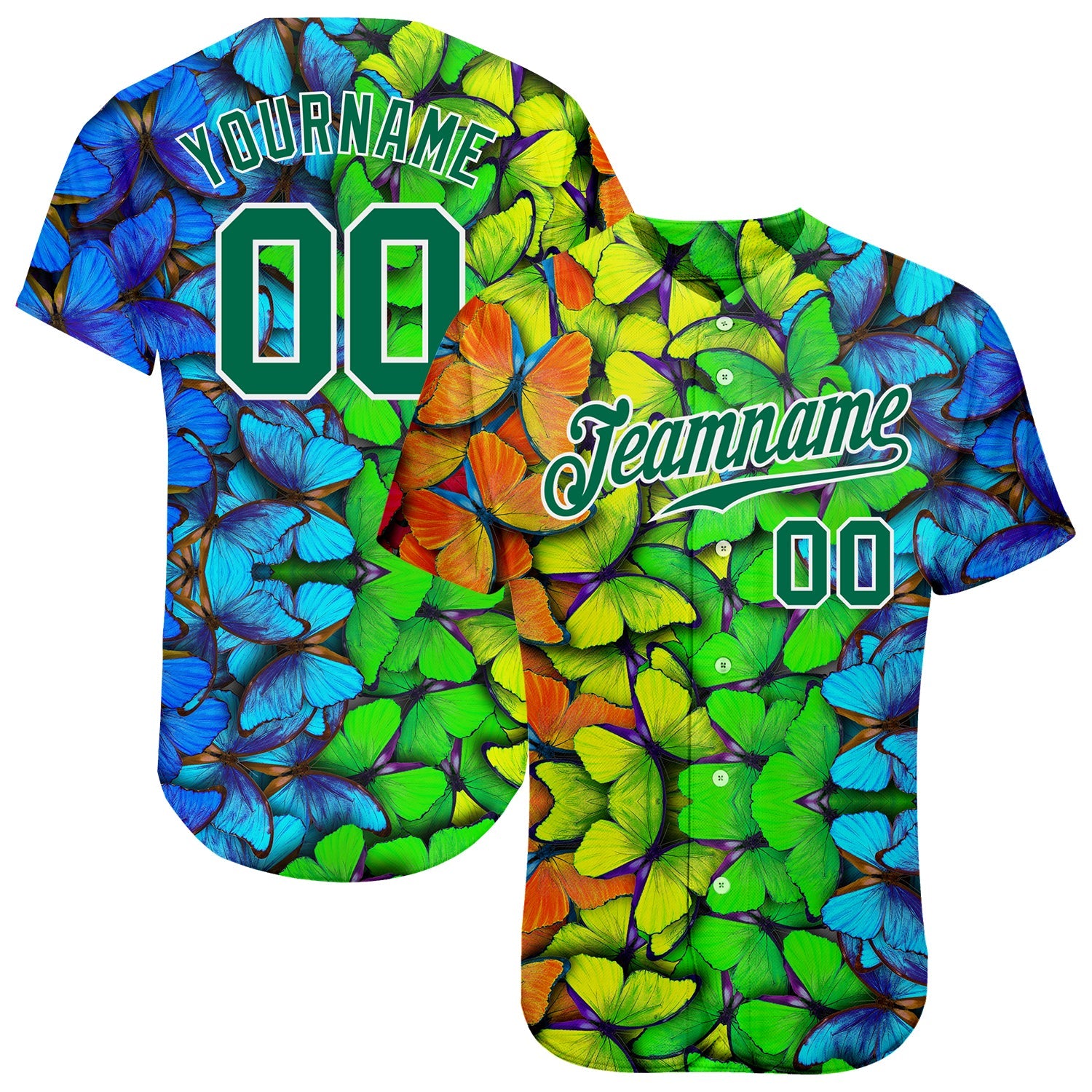 Custom Royal Kelly Green-White 3D Pattern Design Multicolored Butterflies Authentic Baseball Jersey - Main View