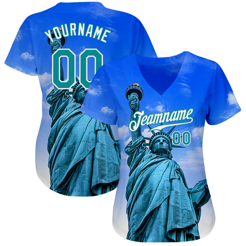 Custom Royal Kelly Green-White 3D Pattern Design Statue Of Liberty Authentic Baseball Jersey view 2