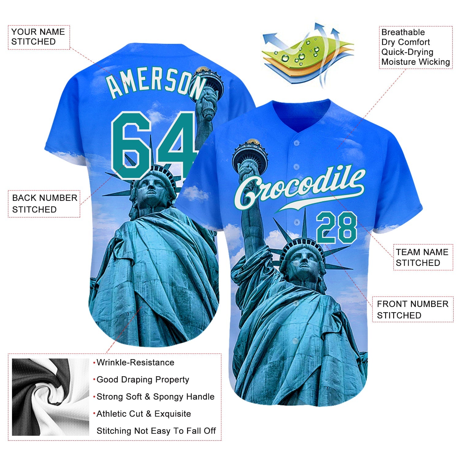 Custom Royal Kelly Green-White 3D Pattern Design Statue Of Liberty Authentic Baseball Jersey view 3