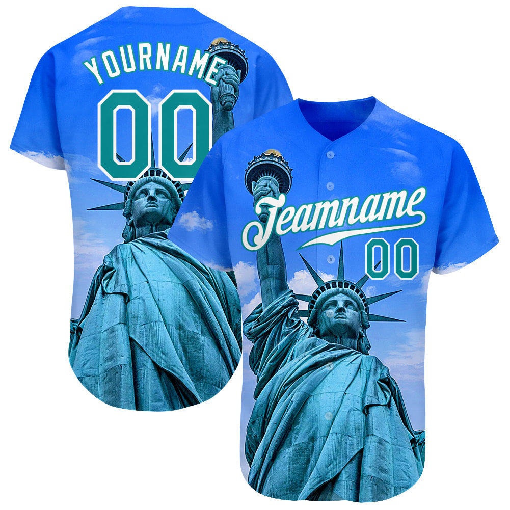 Custom Royal Kelly Green-White 3D Pattern Design Statue Of Liberty Authentic Baseball Jersey - Main View