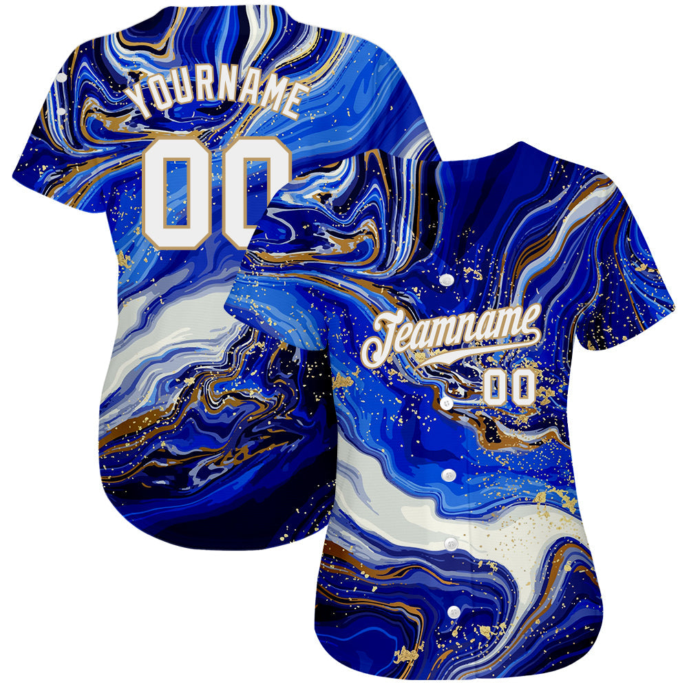 Custom Royal White-Old Gold 3D Pattern Design Marble Authentic Baseball Jersey view 2