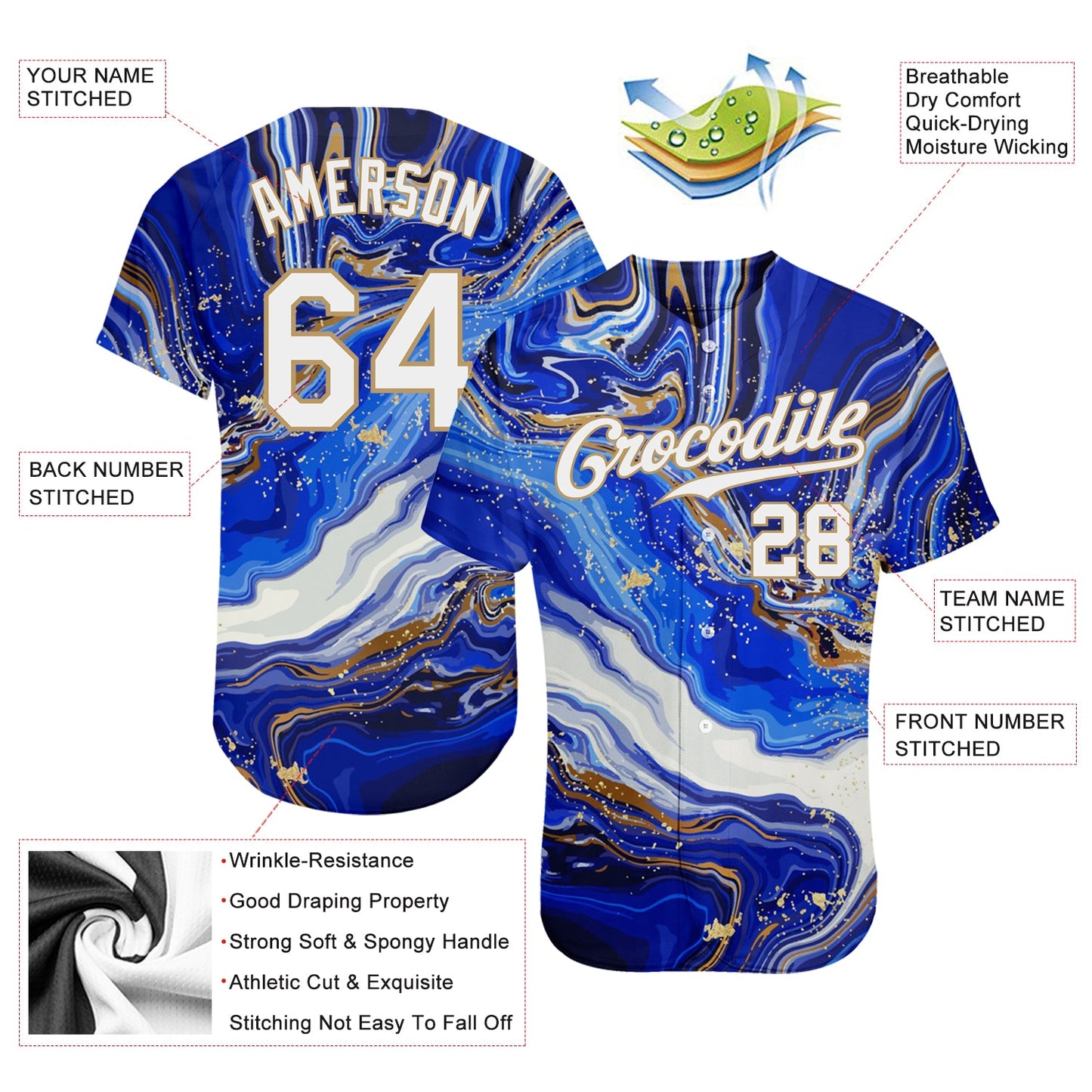 Custom Royal White-Old Gold 3D Pattern Design Marble Authentic Baseball Jersey view 3