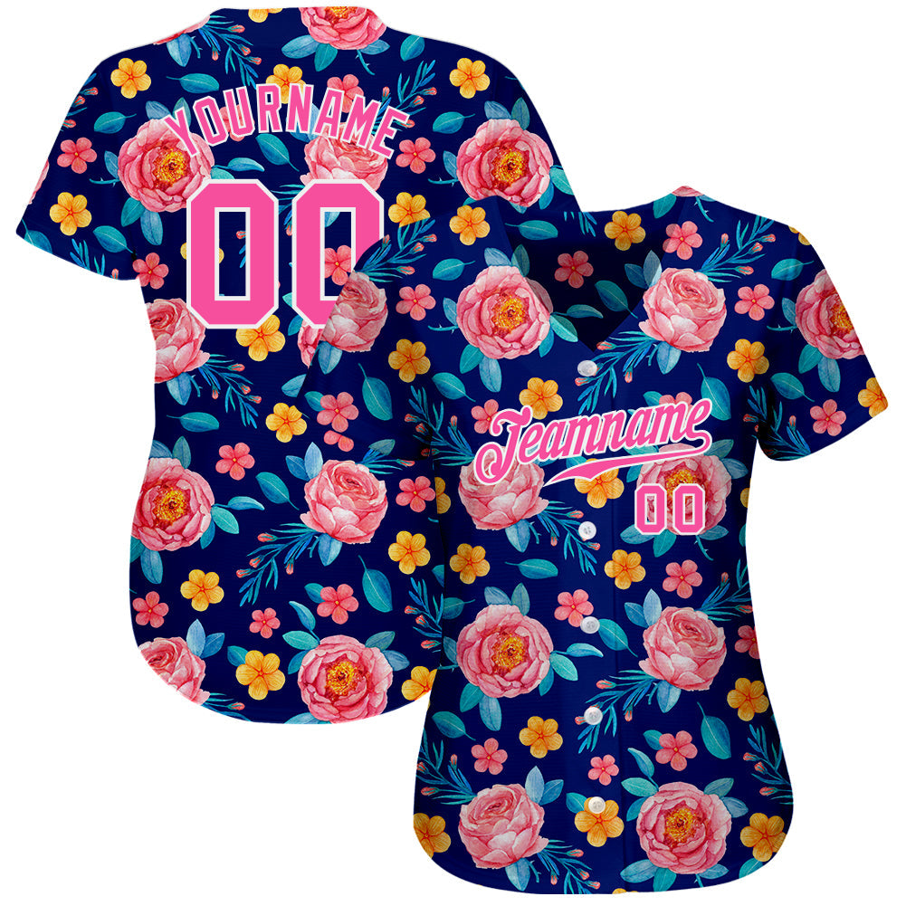 Custom Royal Pink-White 3D Pattern Design Flowers Authentic Baseball Jersey view 2
