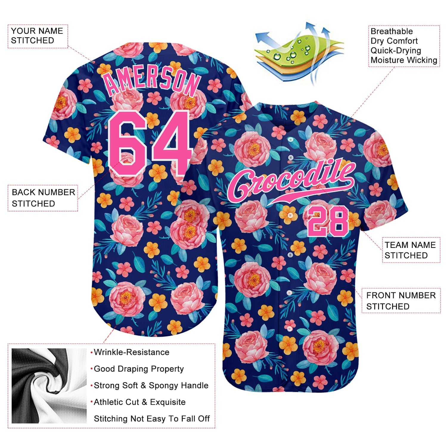 Custom Royal Pink-White 3D Pattern Design Flowers Authentic Baseball Jersey view 3