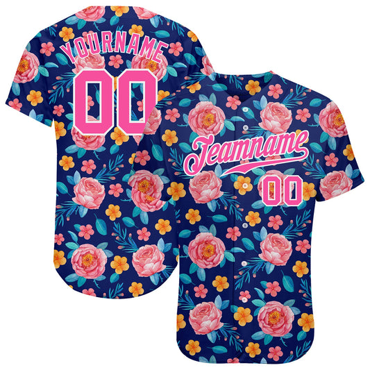 Custom Royal Pink-White 3D Pattern Design Flowers Authentic Baseball Jersey - Main View