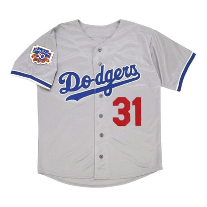 Los Angeles Dodgers #31 Mike Piazza #1997 Road Jersey w/ Jackie 50th Patch Stitched Baseball Jerseys - Main View