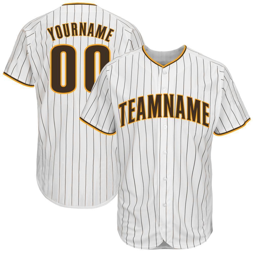 Custom White Brown Pinstripe Brown-Gold Baseball Jersey - Main View