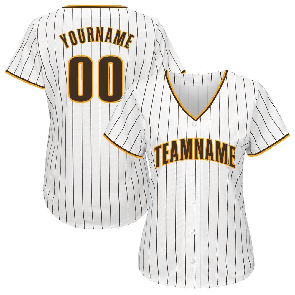 Custom White Brown Pinstripe Brown-Gold Baseball Jersey view 2
