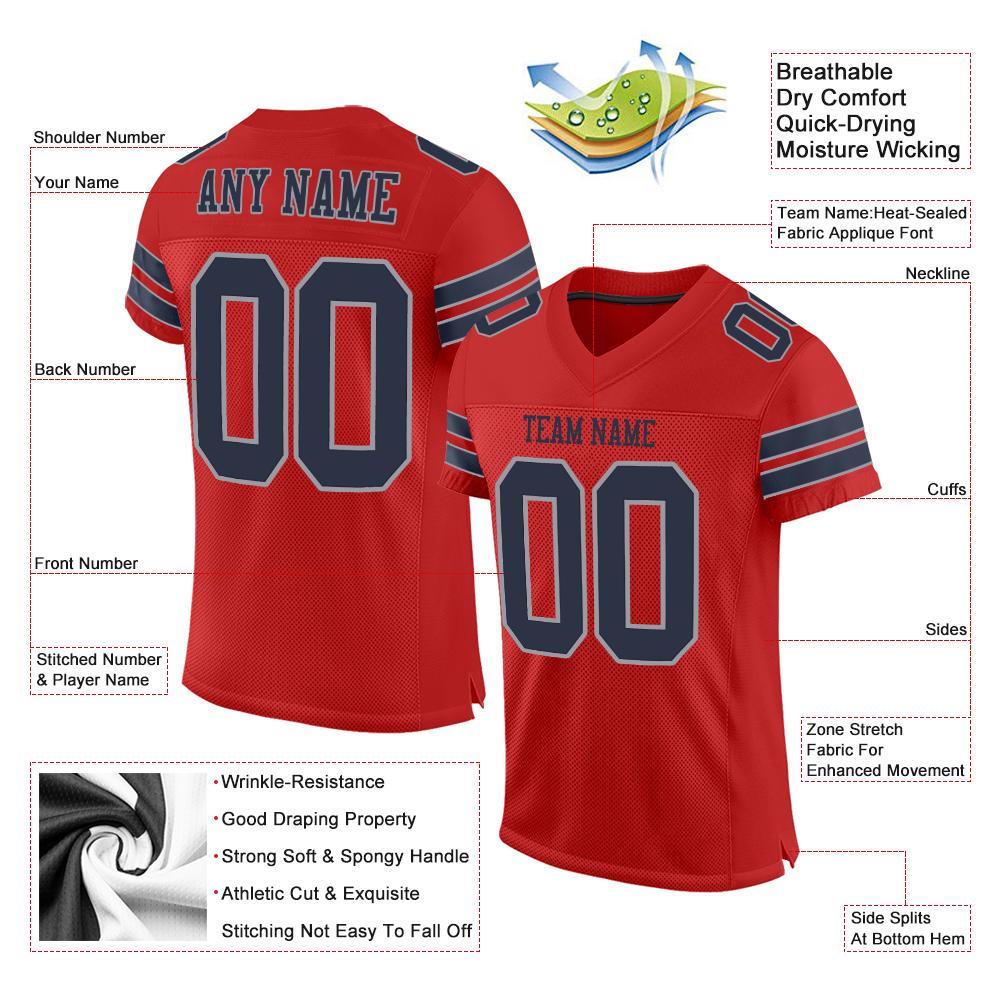 Custom Scarlet Navy-Light Gray Mesh Authentic Football Jersey view 4