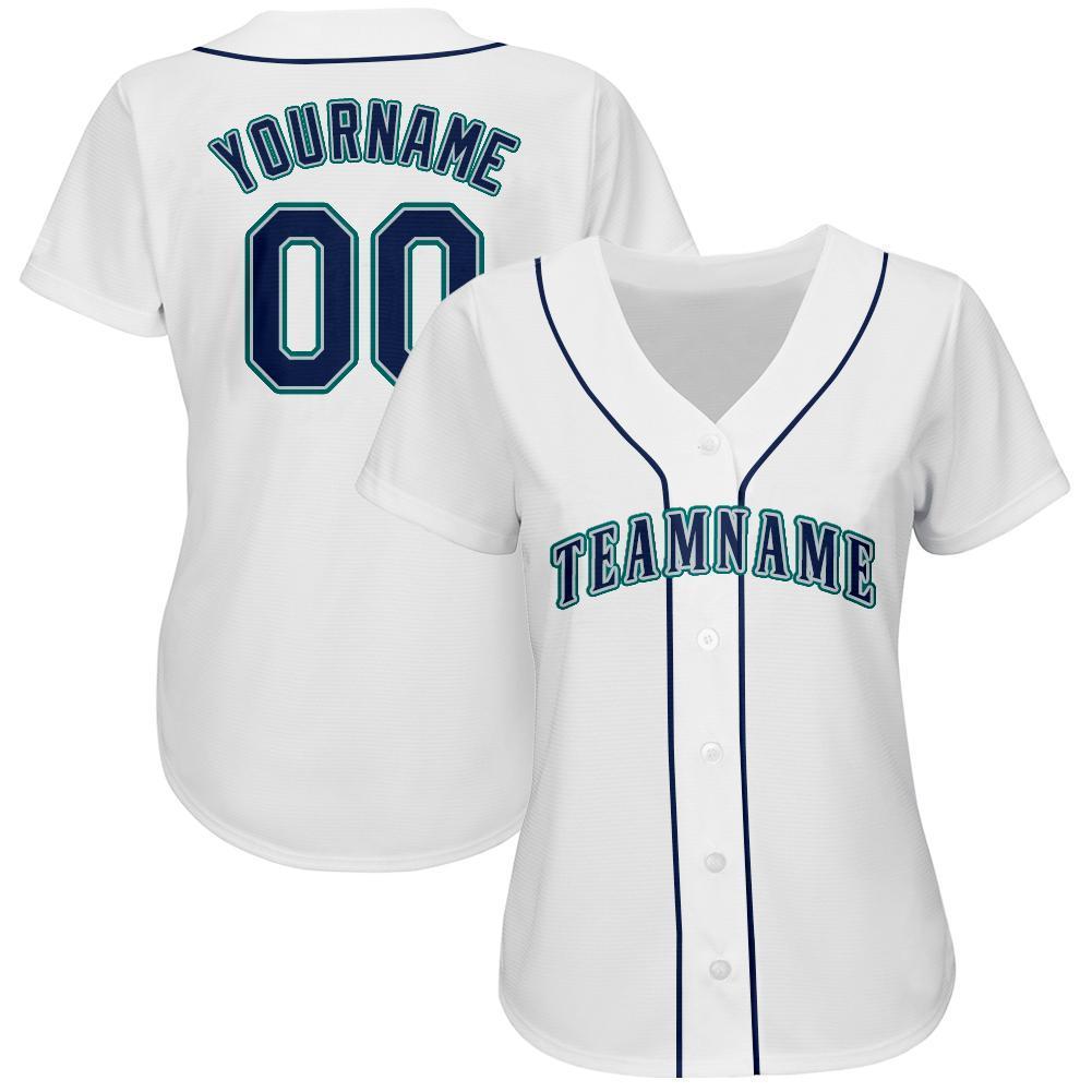 Custom White Navy-Teal Baseball Jersey view 2