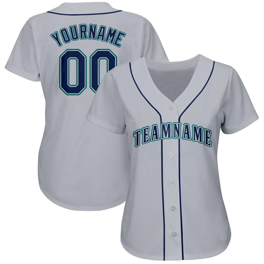 Custom Gray Navy-Teal Baseball Jersey view 2