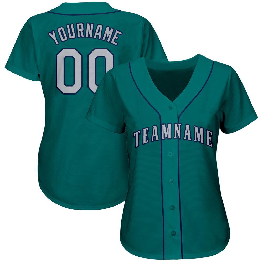 Custom Teal Gray-Navy Baseball Jersey view 3