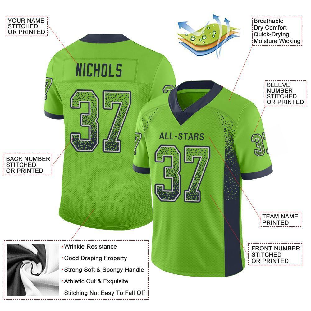 Custom Neon Green Navy-Gray Drift Fashion Football Jersey view 3