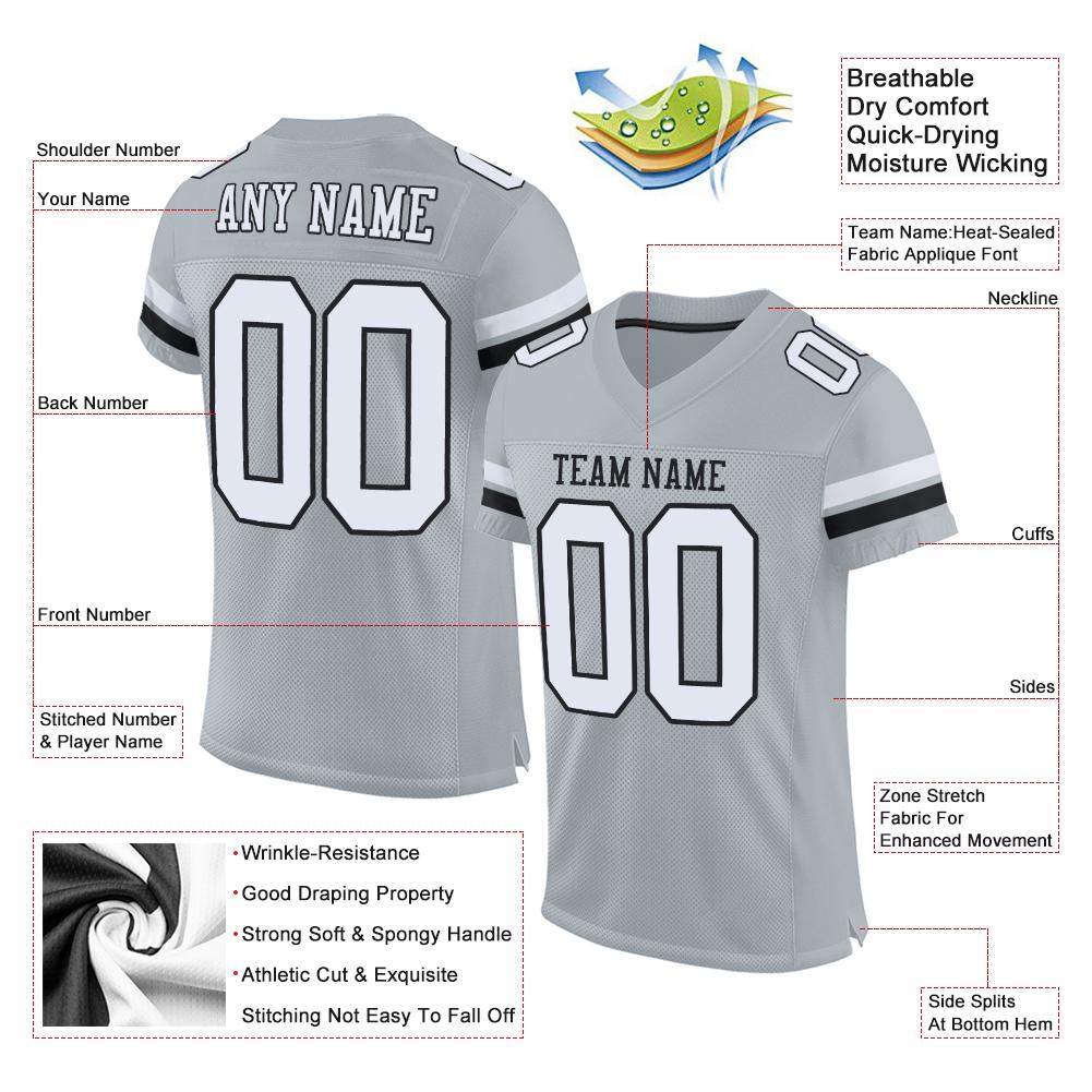 Custom Silver White-Black Mesh Authentic Football Jersey view 4