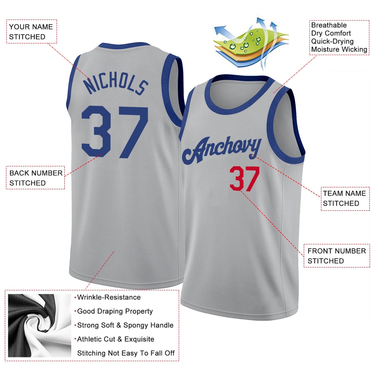 Custom Gray Royal-Red Round Neck Rib-Knit Basketball Jersey view 2