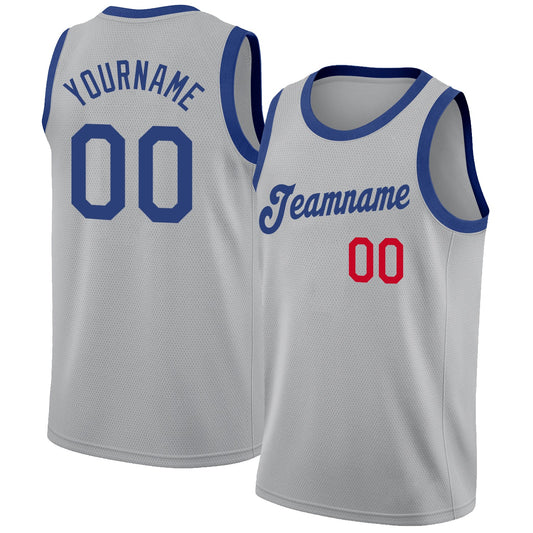 Custom Gray Royal-Red Round Neck Rib-Knit Basketball Jersey - Main View