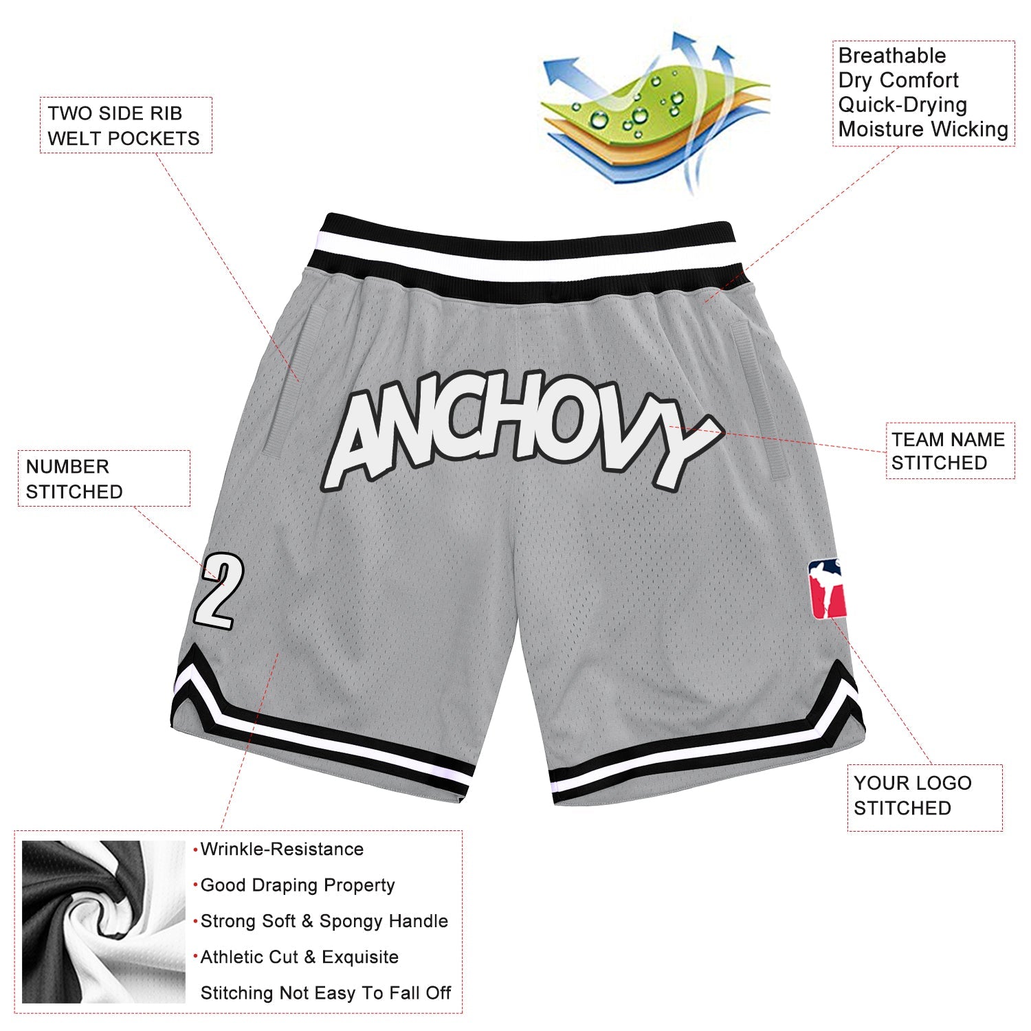 Custom Gray White-Black Authentic Throwback Basketball Shorts view 2