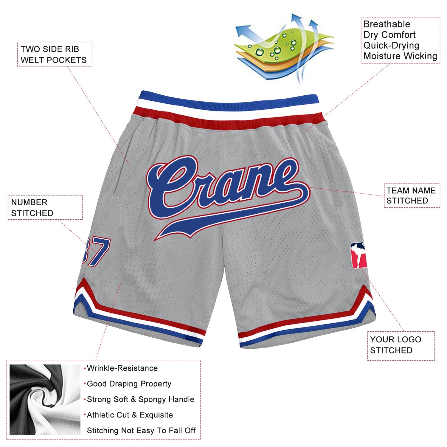 Custom Gray Royal-Red Authentic Throwback Basketball Shorts view 2