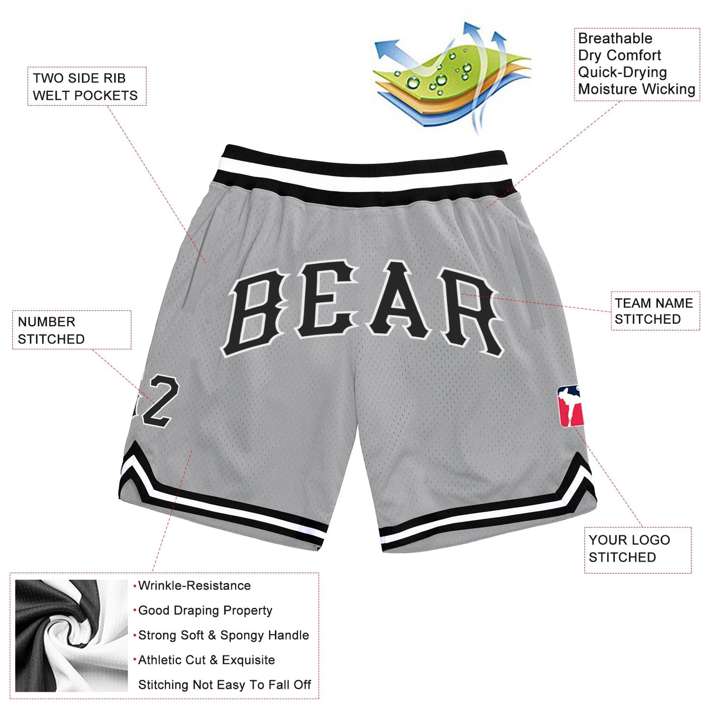 Custom Gray Black-White Authentic Throwback Basketball Shorts view 2