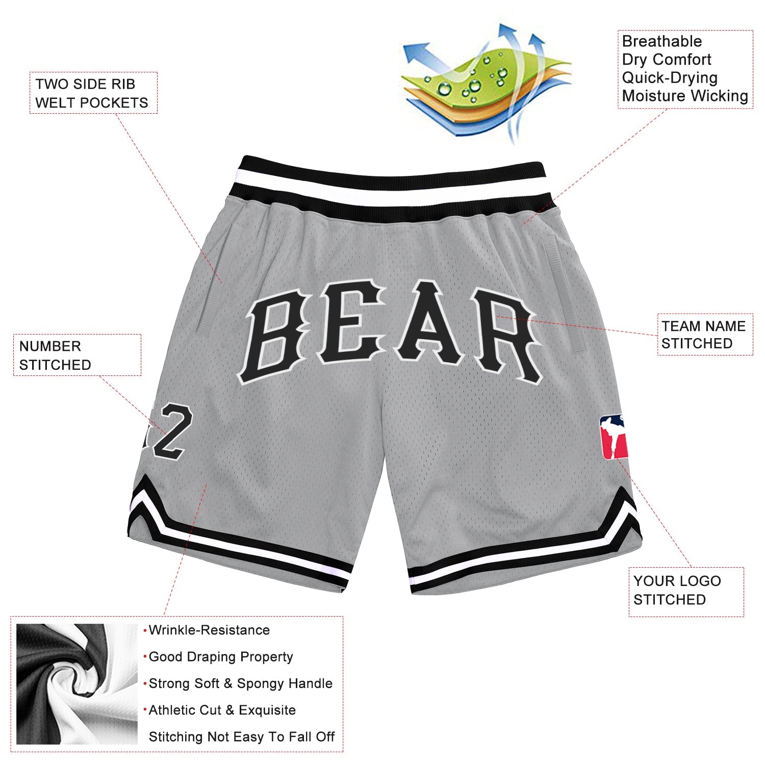 Custom Gray Black-White Authentic Throwback Basketball Shorts view 2