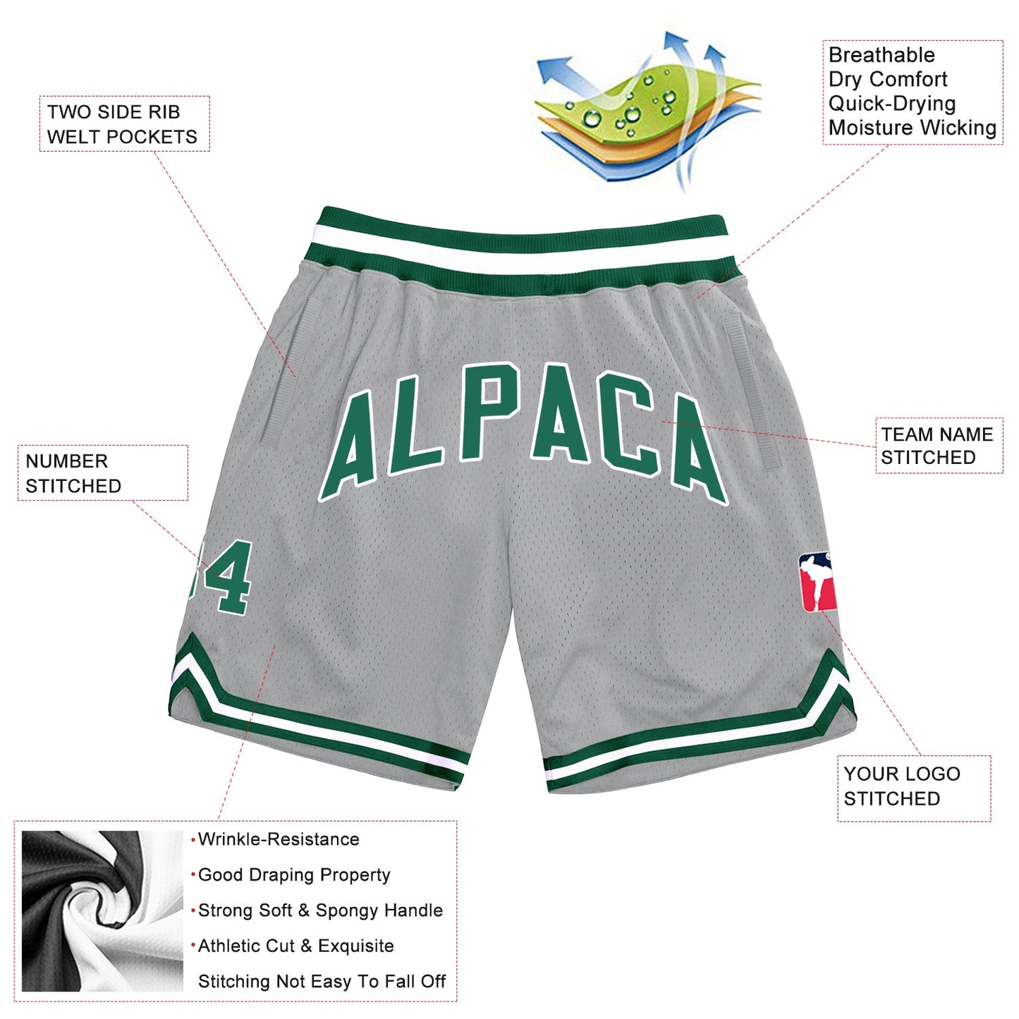 Custom Gray Kelly Green-White Authentic Throwback Basketball Shorts view 2