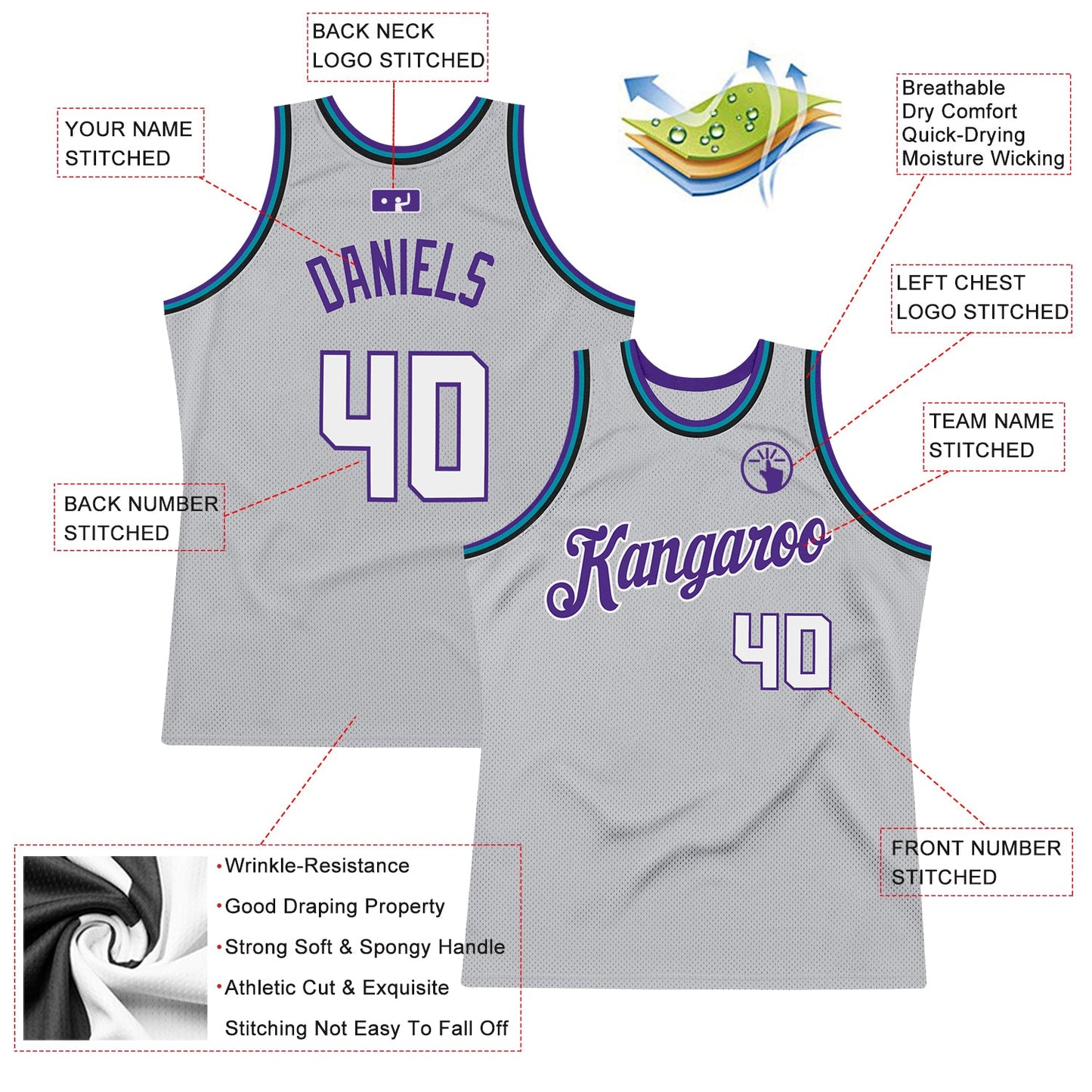 Custom Gray White-Purple Authentic Throwback Basketball Jersey view 2