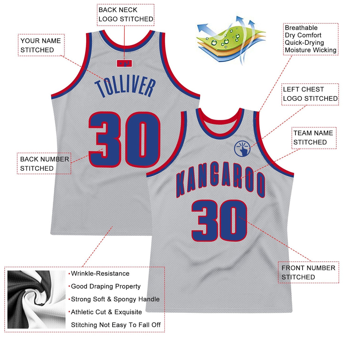 Custom Gray Royal-Red Authentic Throwback Basketball Jersey view 2