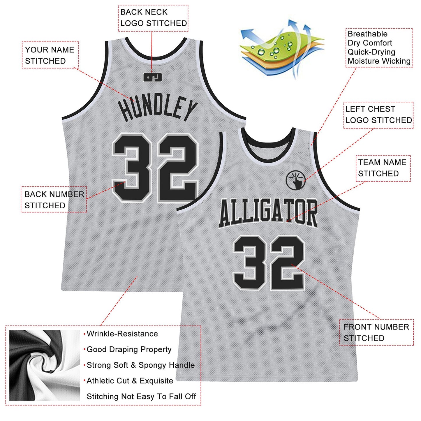 Custom Gray Black-White Authentic Throwback Basketball Jersey view 2