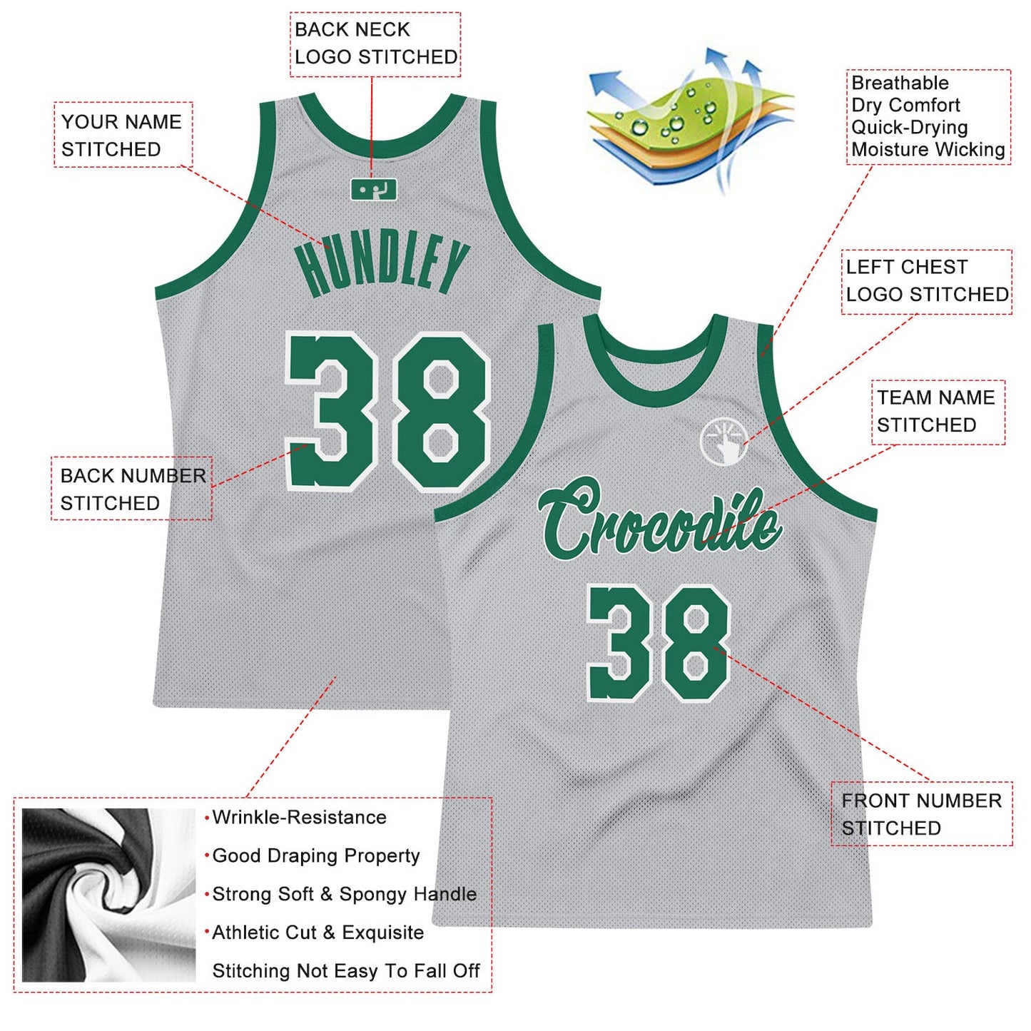 Custom Gray Kelly Green-White Authentic Throwback Basketball Jersey view 2
