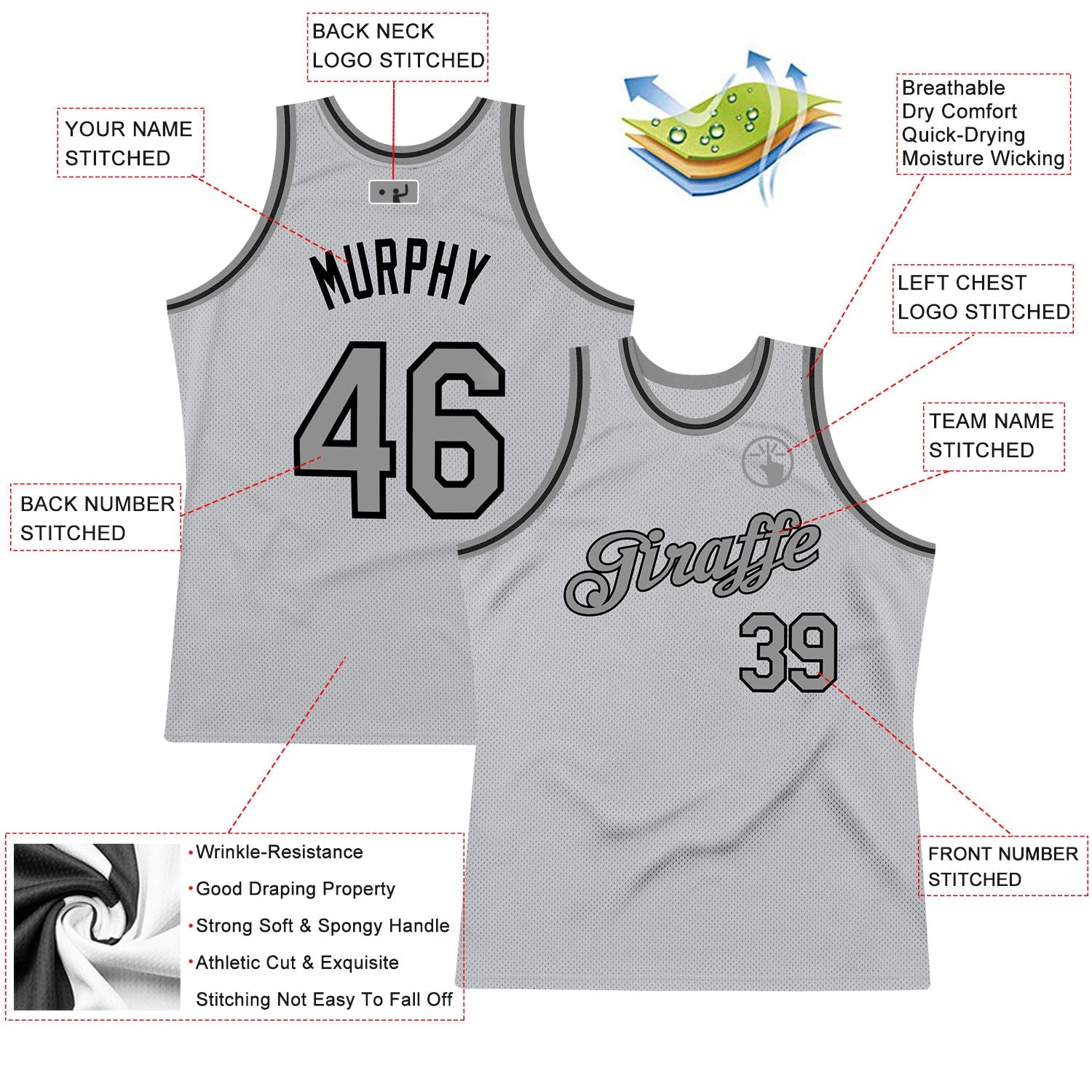 Custom Gray Steel Gray-Black Authentic Throwback Basketball Jersey view 2
