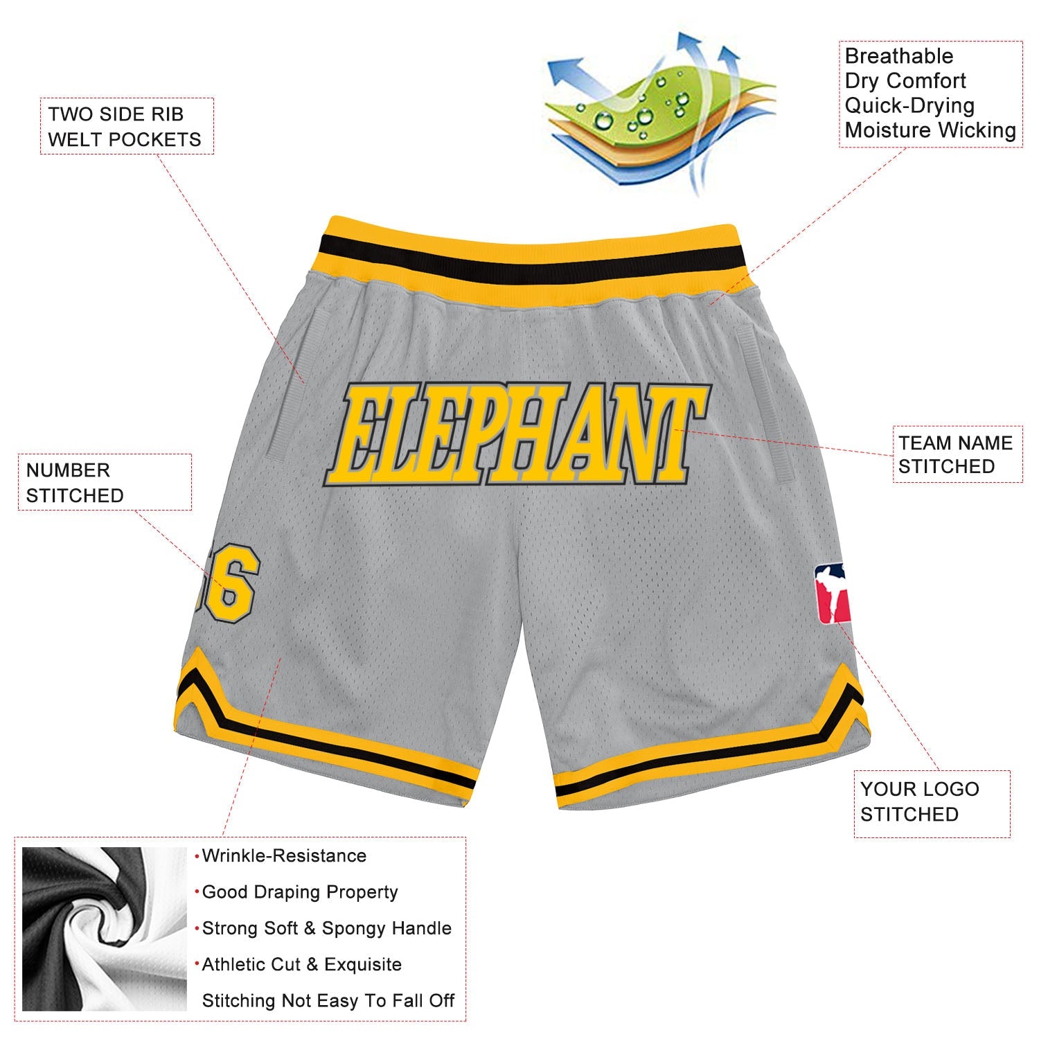 Custom Gray Gold-Black Authentic Throwback Basketball Shorts view 2