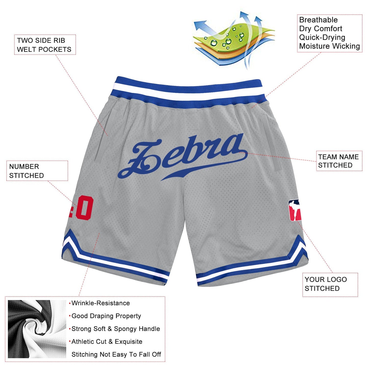 Custom Gray Royal-Red Authentic Throwback Basketball Shorts view 2