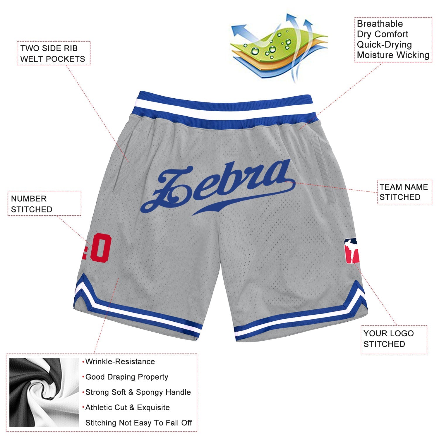 Custom Gray Royal-Red Authentic Throwback Basketball Shorts view 2