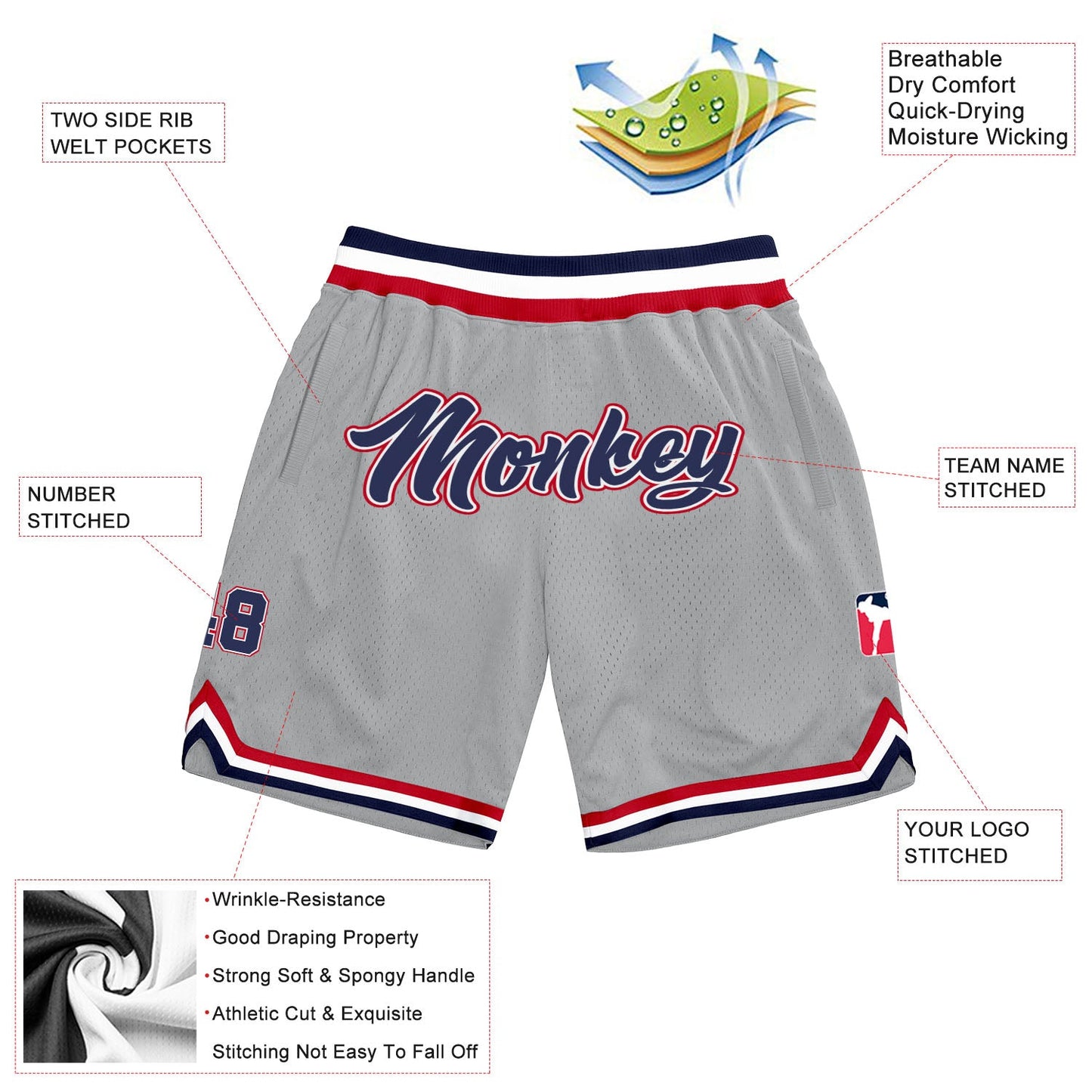 Custom Gray Navy-Red Authentic Throwback Basketball Shorts view 2
